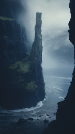 a photo of an eerie skyline in a rocky landscape, reminiscent of mysterious seascapes. the image is rendered in the style of octane render, creating a cinematic mood. the gravity-defying landscapes and dark cyan tones add to the mysterious atmosphere. this photo showcases the artistry of environmental portraiture. ai generatedの素材