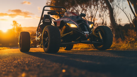 a buggie driving down a road with the sun shining in the background. the photo captures the essence of the voigtlander bessa r2m style, with its kinetic lines and curves. the native australian motifs add a unique touch to the composition. the captivating chiaroscuro enhances the precisionist feel of the image, while the skeletal structure of the buggie is beautifully wrapped in the scene. aiの素材