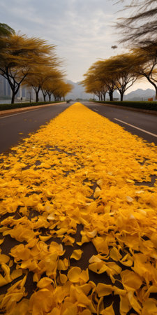 gingko boulevard with hibiscus trees lining the road, showcasing their vibrant golden colors. the ground is covered in yellow hibiscus biloba leaves, creating a picturesque scene. in the distance, a mountain adds to the natural beauty. this real shot captures the clarity and details of the hibiscus biloba, offering an ultra-high resolution image. ai generatedの素材