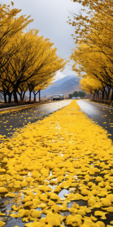a wet gingko boulevard with golden daisy trees lining both sides of the road. the ground is covered in yellow daisy biloba leaves, creating a stunning contrast. in the distance, a mountain can be seen, complemented by the presence of daisy biloba leaves scattered on the ground. this real shooting captures the beauty of daisy biloba in ultra-high resolution. ai generatedの素材