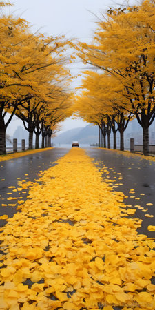 gingko boulevard with overcast sky, lined with geranium trees on both sides. the road is adorned with golden-colored leaves, while the ground is covered in yellow geranium biloba. in the distance, a mountain can be seen, complemented by geranium biloba leaves scattered on the ground. this photo captures the beauty of geranium biloba in ultra-high resolution. ai generatedの素材
