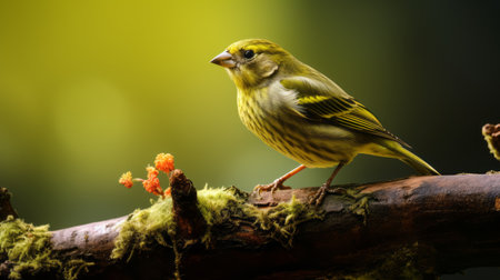 a yellow bird perches on a moss-covered branch, reminiscent of john wilhelm's precisionist style. the high-resolution image showcases intricate details, capturing the essence of horia bernea, aurorapunk, and edwin henry landseer's artistic influences. ai generatedの素材