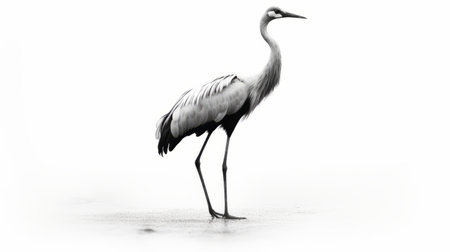 a heron, a gregarious and very large bird, stands gracefully in a shallow body of water. this minimalist monochrome photograph, inspired by traditional chinese art, showcases high contrast and photo-realistic techniques. the wildlife photography captures the heron's detailed character design, resembling the technique of grisaille. ai generatedの素材