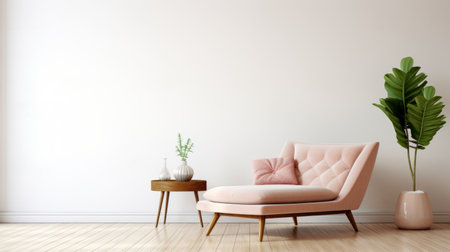 a pink chair and green plant are showcased in a room with white walls. this 3d rendering captures the essence of midcentury modern style, with its understated elegance and subtle hues. the zen-inspired atmosphere is enhanced by the uhd image quality, while the subdued palette and soft hues create a calming ambiance. ai generatedの素材