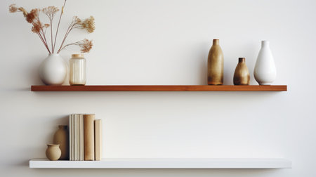 three vases and books are arranged on a white shelf in this 3d rendering. the image showcases a muted, earthy tone with a touch of japanese minimalism. the use of fujifilm pro 400h film enhances the white and brown color palette, creating a nature-inspired aesthetic. this uhd image captures the essence of minimalist spare simplicity. ai generatedの素材