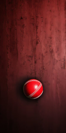 a cricket ball, in the style of distressed materials, is showcased on a vibrant red background in this photorealistic painting. the dark white and red hues create a striking contrast, while traditional techniques are reimagined to give it a unique touch. this wallpaper captures the essence of both tumblewave and princesscore aesthetics, with a hint of chalk-like texture. ai generatedの素材