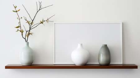 three vases on a shelf, showcasing classic japanese simplicity. the white paper backdrop enhances the serene mood. with distinct framing and an eye-catching level of detail, this 8k resolution photo captures the subtle color palette and flatness of space, creating a visually captivating composition. ai generatedの素材