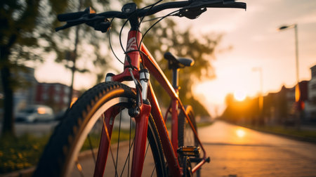 a close-up, uhd image of a bicycle parked on a street with a stunning sunset in the background. the vibrant colors of light crimson and red create a youthful and energetic atmosphere. this landscape-focused photo captures the detail-oriented beauty of the scene. get ready to experience the rtx on effect with this captivating image. ai generatedの素材