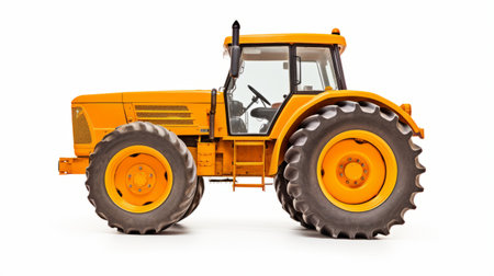a silhouette of a tractor with large wheels, showcasing meticulous detailing and precision engineering. the style of the photo is light amber and gray, with a bold color palate. created by alastair magnaldo, the image captures a sense of working-class empathy through its dark yellow and white tones. ai generatedの素材