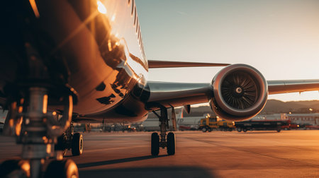airplane on runway at sunset, polished concrete style, low-angle shot. light amber and bronze hues enhance the consumer culture critique. chrome-plated details shine in this uhd image captured by david hettinger. ai generatedの素材