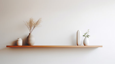 wooden vases with flowers and a vase with leaves, along with a pot, are arranged on a shelftop against a white background. this minimalist japanese-style scene features muted earth tones and a large-scale minimalist aesthetic. the uhd image showcases flattering lighting and an asymmetrical balance, while the sparse background adds to the overall simplicity of the composition. ai generatedの素材