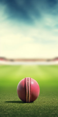 cricket player in green shirt stands on field with pink cricket ball, surrounded by a detailed background and a retro filter. the soft atmospheric scene showcases light maroon and light blue tones, while the detailed crowd scenes and lush landscape backgrounds add depth to the image. the close-up shot captures the intensity and focus of the player. ai generatedの素材