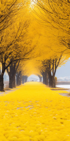 a stunning photo of an icy gingko boulevard with lily trees lining both sides of the road. the golden color of the lilies contrasts beautifully with the yellow lily biloba covering the ground. in the distance, a mountain can be seen, adorned with lily biloba leaves. this real shot captures the scene with incredible clarity and ultra-high resolution. ai generatedの素材