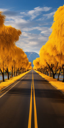 frosty gingko boulevard with golden palm trees lining both sides of the road. the ground is covered in yellow palm biloba leaves, creating a vibrant contrast. in the distance, a mountain adds to the picturesque scenery. this real shooting captures the beauty of palm biloba in ultra-high resolution. ai generatedの素材