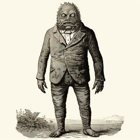 a man in a suit stands outside in a fantastic grotesque style illustration. the artwork showcases elements of primitive taxidermy, detailed costumes, scientific illustrations, teethcore, and solarization. ai generatedの素材
