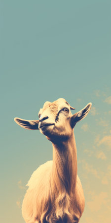 a white goat is captured mid-air, showcasing a retro filter style with dark turquoise and light brown tones. this stereotype photography image highlights the goat's facial expression, evoking a cute and dreamy vibe. set against a rural american backdrop, this uhd image is visually captivating. ai generatedの素材