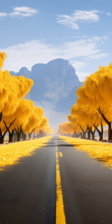 frosty gingko boulevard with golden palm trees on both sides. the ground is covered in yellow palm biloba leaves, creating a vibrant contrast. in the distance, a mountain adds to the picturesque scenery. this real shooting captures the beauty of palm biloba in ultra-high resolution. ai generatedの素材