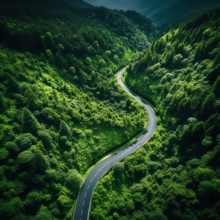 aerial view of a mountain road surrounded by lush rainforest and enveloped in clouds. this captivating image, reminiscent of the zeiss batis 18mm f28 lens, showcases nature-inspired installations and lensbaby optics. the smooth and curved lines add a touch of creativity to the storytelling, while the japanese photography influence is evident in the vibrant green hues. perfect for web or print use. ai generatedの素材