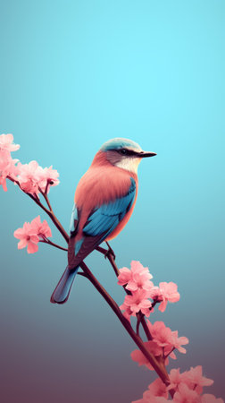 a bird perches on a vibrant blue tree branch, showcased in a realistic hyper-detailed rendering. the image features a stunning combination of pink and cyan hues, enhanced by the use of vray technology. the cherry blossoms add a touch of delicate beauty to the scene, while minimal retouching ensures a natural aesthetic. the dark cyan and orange tones further enhance the character of the animalsの素材