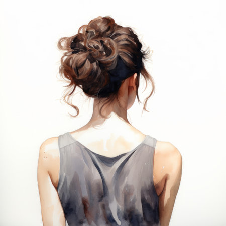 a woman's back view is depicted in this watercolor painting. she has brown hair and the style of the portrait is realistic, resembling manga art. the painting showcases dark gray tones and hyper-detailed features. the artist specializes in creating realistic and glossy portrait paintings, often incorporating elements like tangled nests into their work. ai generatedの素材