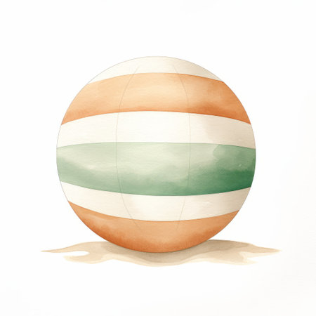 a watercolor art piece featuring an ocean beach ball with horizontal stripes in a light orange and dark green color scheme. the artwork showcases a perspective rendering with simplified shapes and victorian-inspired illustrations. the light white and light brown tones create a multilayered surface effect. ai generatedの素材