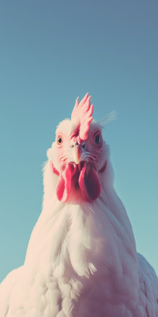 a white chicken stands confidently against a clear sky backdrop, captured in a social media portraiture style. the cross-processing technique adds a twist of humor to the image, enhancing the playful expressions of the chicken. the intense close-up showcases the chicken's features, while the light indigo and pink tones create a visually captivating effect. this photo could easily be featured in national geographic. ai generatedの素材