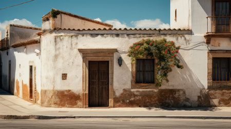 a tan building in france, showcasing traditional mexican-style architecture with a charming blend of dark white and amber hues. this idyllic rural scene captures the essence of traditional street scenes, reminiscent of jusepe de ribera's vintage charm. enjoy the uhd image of this captivating structure. ai generatedの素材