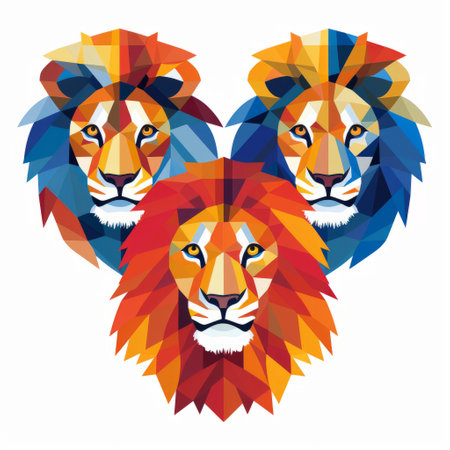 three lions in a geometric triangle shape vector, showcasing a symmetrical composition and bold colors. this depiction of animals is characterized by radiant and colorful portraiture, with strong lines emphasizing the unique character design. available for purchase at the price of 1 credit, equivalent to usd 1. ai generatedの素材