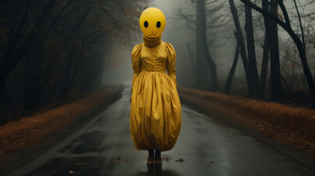 a person wearing a yellow smiley face stands in a forest, surrounded by hauntingly composed and dark landscapes. the image showcases political minimalism and conceptual street art, with detailed costumes and emotional expression. created using daz3d, this photo captures a unique blend of artistic elements that evoke a sense of mystery and depth. ai generatedの素材
