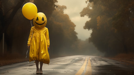 a sad clown girl walks down the street, holding balloons, in a dark yellow and gray monochromatic landscape. this digital art piece showcases smilecore and halloween vibes, with an emphasis on mood and atmosphere. the dark yellow and light amber tones add to the eerie ambiance of the scene. ai generatedの素材