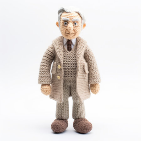 a crocheted man, with a unique character design, is depicted sitting and enjoying a cup of coffee. this lifelike figure showcases traditional craftsmanship, with its light brown and beige colors adding to its realistic appearance. the attention to detail and scientific accuracy in its creation make it a perfect addition to the grandparentcore aesthetic. the geometric order in the design further enhances its visual appeal.の素材