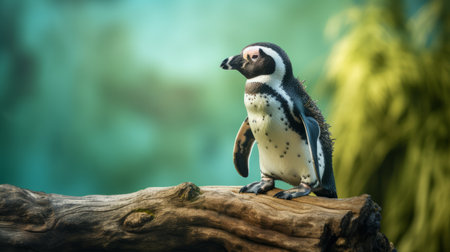 a female penguin stands on a platform at the zoo, gazing out over a lush green background. the photo has a vignetting effect and hdr style, capturing the penguin in a close-up, realistic manner with impressionistic colors. softbox lighting highlights the details, while the wood sculptor and nature-based patterns add an artistic touch. ai generatedの素材