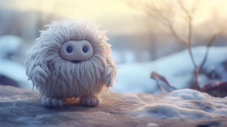 a small white plush bear, rendered in cinema4d, stands in the snow. the spiky mounds and otherworldly creatures create a blurred landscape. the emphasis on character design is evident, with life-like avian illustrations and cute cartoonish designs. ai generatedの素材
