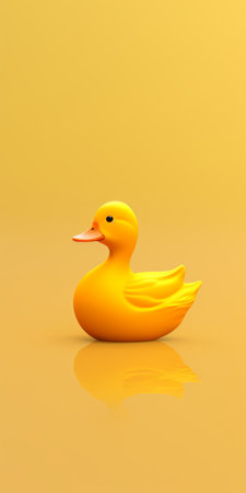 a duck is sitting on a smooth and shiny orange surface, showcasing the artistic style of zbrush. the duck features a light yellow and light magenta color palette, reflecting a danish design influence. the shiny and glossy appearance adds to the overall aesthetic, emphasizing the vibrant and frequent use of yellow in this duckcore composition. ai generatedの素材
