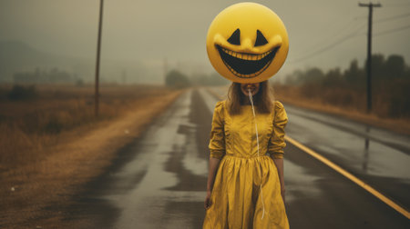 a woman dressed in yellow stands on a rainy road, wearing a smiley face on her head. this captivating photo captures the essence of midwest gothic and social media art, with emotive facial expressions and a nod to iconic album covers. the image evokes smilecore vibes and showcases the artistic style of gabriel pacheco, skillfully depicting trapped emotions. ai generatedの素材