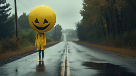 a person walks down a rainy street, carrying a halloween-themed balloon over their head. the photo captures emotional sensitivity and the unique style of smilecore. the desolate landscapes of the midwest gothic setting add to the atmosphere, while the vibrant yellow balloon stands out against the gloomy backdrop. this photoillustration merges various elements to create a captivating visual. ai generatedの素材