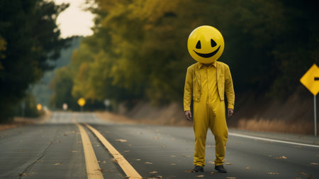 a person stands on the side of a road, holding a yellow smiley face sign. this southern gothic-inspired photo captures a unique pop culture mashup, with detailed costumes and a melancholic tone. the relatable personality of the subject shines through, making them a lit kid in this nikon d850 shot. ai generatedの素材