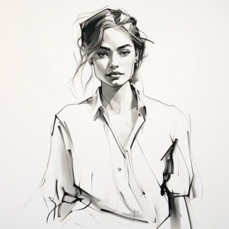 a high-resolution studio portrait sketch of an elegant woman in crisp and clean clothing, gazing at a screen. the sketch is done in the style of transparent layers, showcasing strong lines and a slightly messy yet sophisticated look. ai generatedの素材