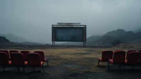 empty theater with red chairs in the middle of nowhere on a rainy day. this matte painting-style photo showcases dark gray and cyan tones, creating an otherworldly atmosphere. shot with a voigtlander bessa r2m, the image features screen tones and captures the essence of outdoor art. it offers a romanticized depiction of wilderness landscapes. ai generatedの素材
