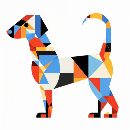 a vibrant polygonal dog, inspired by the de stijl movement, is depicted sitting on a clean white backdrop. this unique creation showcases the influences of artists like signe vilstrup, francoise basset, and natalia goncharova. with its stenciled iconography and distinctive character design, the dog stands out in a captivating blend of light indigo and orange hues. ai generatedの素材