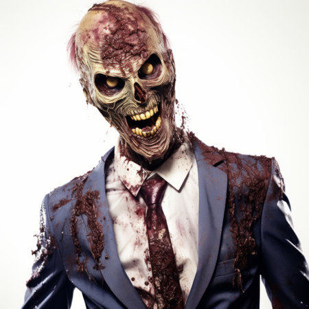a man in a suit and skin, showcasing the zombiecore style, is captured in this hyper-realistic uhd image. this associated press photo features the unique blend of berrypunk and chilling creatures, with the man donning an elaborate costume. ai generatedの素材