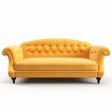 yellow sofa isolated on white background in the style of daz3d. classic design inspired by amedee ozenfant and clifford coffin. creative commons attribution license. soft lighting enhances the rounded shape. ai generatedの素材