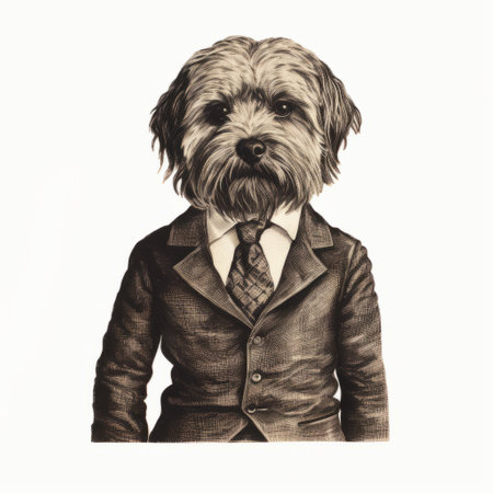 a dog in a suit wearing a tie is captured in this detailed ink illustration. the studio portrait showcases the phoenician art style, with a matte finish that enhances the balanced proportions. this fashion-illustration, made of cardboard, exudes a unique and sophisticated charm. ai generatedの素材
