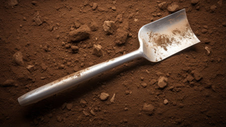a shovel, in the style of carcore, is seated on a surface of dirt. the shovel is dark brown and silver, showcasing exacting precision. the photo exhibits a tasteful use of negative space, with a softly organic and linear delicacy. the image has been cross-processed, enhancing its visual appeal. ai generatedの素材