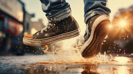 a person's feet leap over vibrant sprayed puddles, captured in the dynamic style of imax. this hip-hop inspired photograph showcases hyper-realistic water effects in 32k uhd resolution. the image highlights radical inventions in photography, with a touch of celebrity flair. the stainswashes add an artistic element to this visually striking composition. ai generatedの素材
