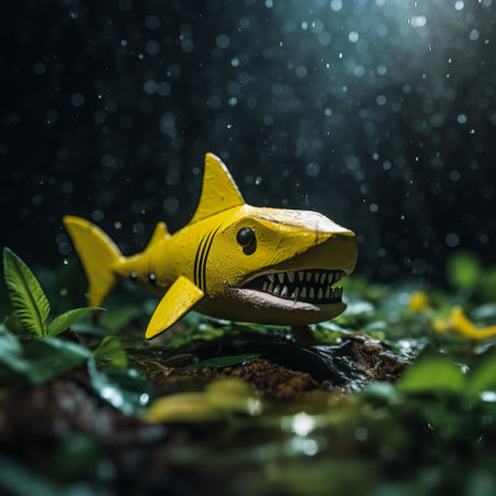 a felt stop-motion shark in the rain, captured in the enchanting tundra of france. this mesmerizing photo showcases a dark yellow forest during a storm, with a shallow depth of field adding depth and intrigue. the night setting is illuminated by hints of yellow and blue, creating a captivating scene with low saturation. ai generatedの素材