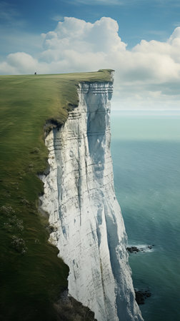 a stunning photograph of a white cliff standing tall against the crashing waves of the ocean. this photorealistic image captures the beauty of the english countryside, with its gravity-defying landscapes and intricate detailing. the matte painting technique used enhances the realism, while the use of kodak ektar film brings out the vibrant colors. this image serves as a reminder of the importance of environmental awareness.の素材