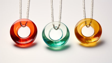 colorful glass oval pendants adorn these necklaces, showcasing the neo-geo minimalism style. with a focus on clarity of forms and rounded shapes, the lensbaby optics create a unique visual effect. the color gradients of emerald and crimson add a vibrant touch to these necklaces, inspired by the kan school. ai generatedの素材