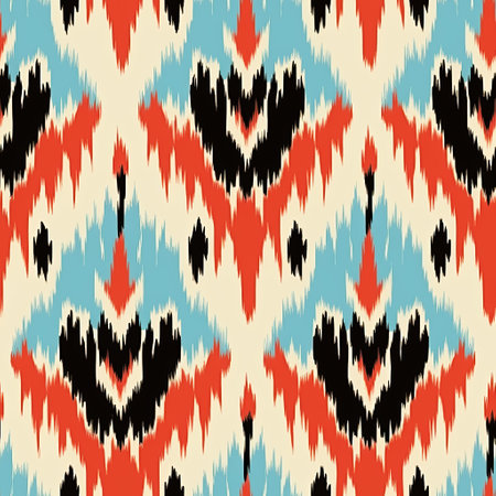 the photo showcases the traditional pattern of black, white, and red ikba motifs, designed in the style of light orange and turquoise. created by the decadent graphic designer mordecai ardon, the vibrant color scheme includes light beige and indigo. the unmodulated colors create an acidic and luminous effect. ai generatedの素材