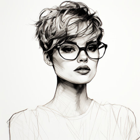 a girl with glasses is depicted in an ink drawing by dmitry kustanovich, showcasing his digital art techniques. the portrait has a crisp and clean look, resembling a studio fashion illustration. the artist has skillfully created the image using wire, giving it a unique and captivating aesthetic. irene sheri is the model for this artwork. ai generatedの素材